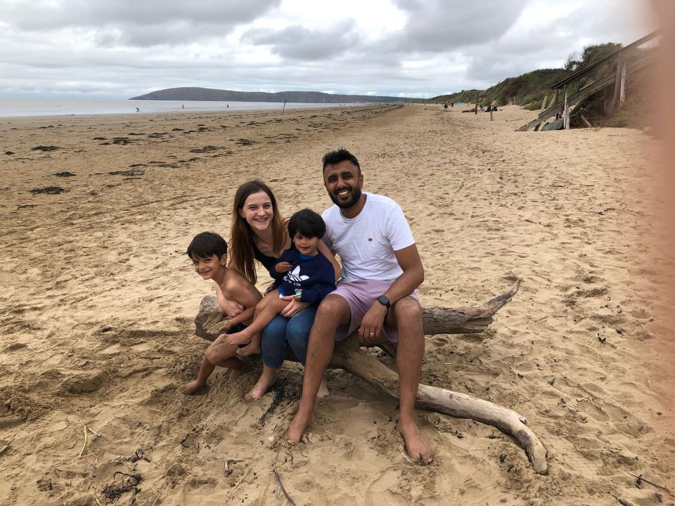 Sophie and Rakesh Parekh and children at Burnham-on-Sea, Somerset