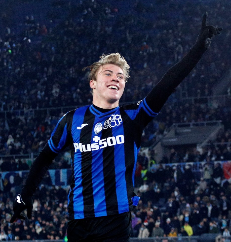 Hojlund celebrates after scoring against Lazio earlier in February