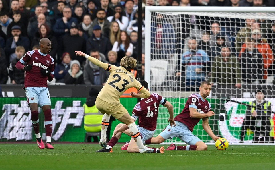 Conor Gallagher's shot was blocked by the hand of Tomas Soucek