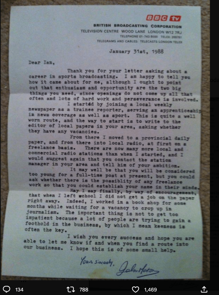 Ian Dennis reposted the letter he received from Motson when he was just an aspiring young broadcaster