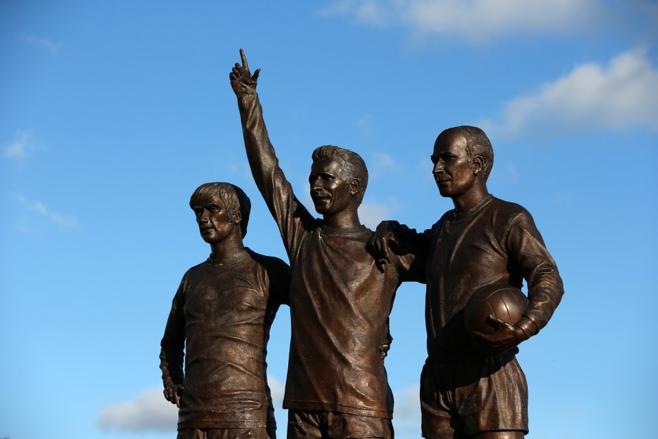 Charlton, Best and Denis Law make up the 'Trinity Statue' outside Old Trafford