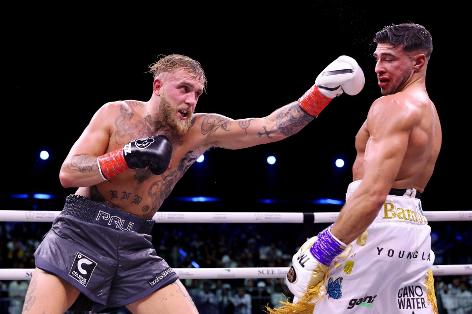 Jake Paul lands a left on Tommy Fury