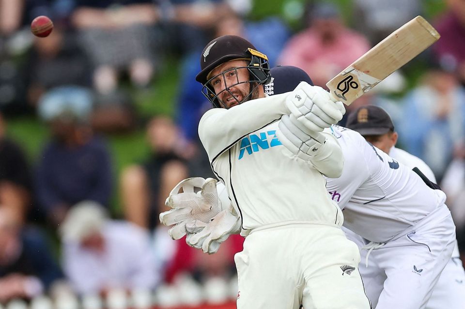 New Zealand’s Tom Blundell plays a shot during day two