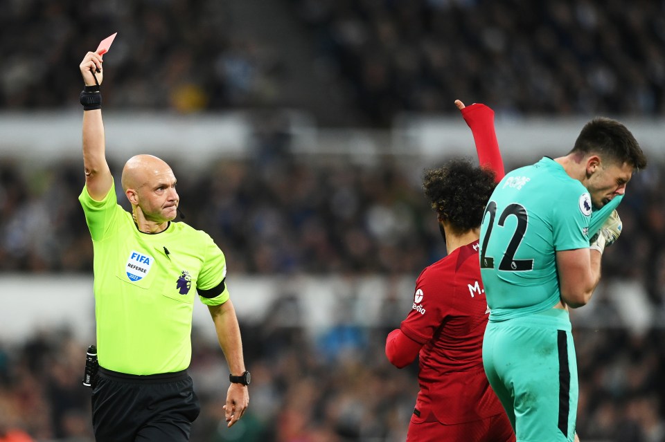 The keeper was shown a straight red card and will be suspended for next Sunday's final