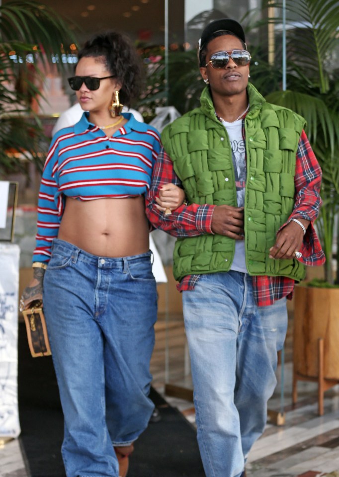 RiRi wore a striped crop top after revealing her pregnancy at the Super Bowl
