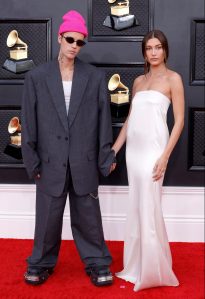  Justin Bieber and his wife, Hailey Bieber at the 64th Annual Grammy Awards in April 2022