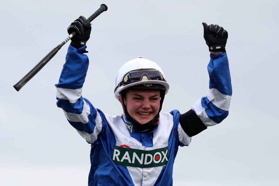 Jockey Megan Nicholls celebrates a race win.