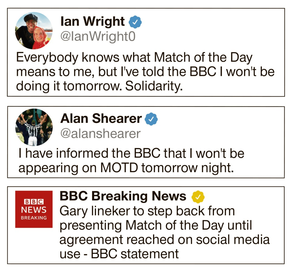 Lineker's co-hosts tweet their support after the BBC announces he will be stepping back from the show
