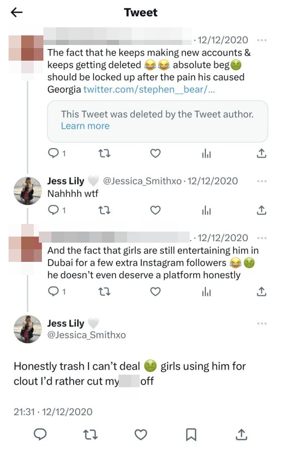 She appeared to slam Bear on Twitter