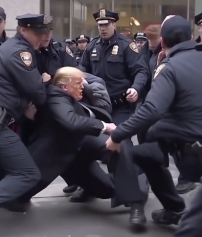 An AI-generated image of of an incandescent Donald Trump being manhandled by American police