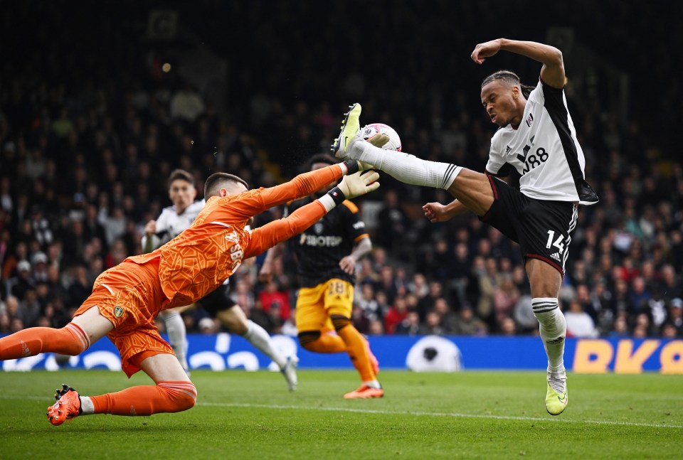 Bobby Decordova-Reid in action with Leeds United’s Illan Meslier before Andreas Pereira scores Fulham’s second goal