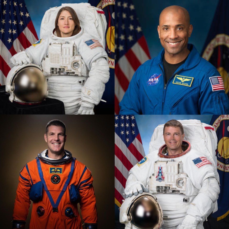 Top row: Christina Koch, Victor Glover. Bottom row: Reid Wiseman, Jeremy Hansen