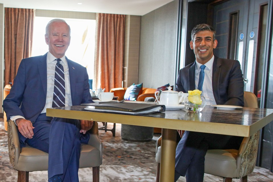 BELFAST, NORTHERN IRELAND - APRIL 12: US President Joe Biden meets with Britain's Prime Minister Rishi Sunak as part of a four day trip to Northern Ireland and Ireland for the 25th anniversary commemorations of the "Good Friday Agreement" on April 12, 2023 in Belfast, Northern Ireland. US President Joe Biden spends the day in Belfast meeting with UK Prime Minister Rishi Sunak and delivering a speech at Ulster University. His visit marks the 25th anniversary of the Good Friday Agreement, the peace deal which ended 30 years of conflict in Northern Ireland. (Photo by Paul Faith - WPA Pool/Getty Images)