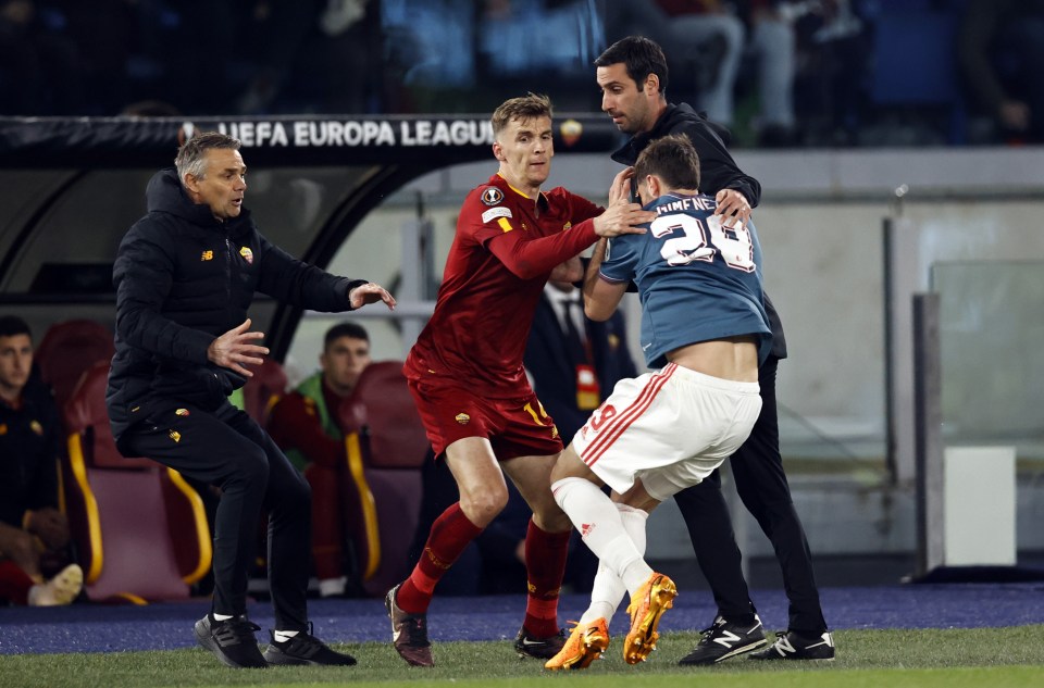 Roma assistant manager Salvatore Foti clashed with Feyenoord's Santiago Giminez during the second leg of their Europa League quarter-final tie