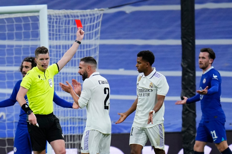Ben Chilwell was sent off as Chelsea lost 2-0 at Real Madrid