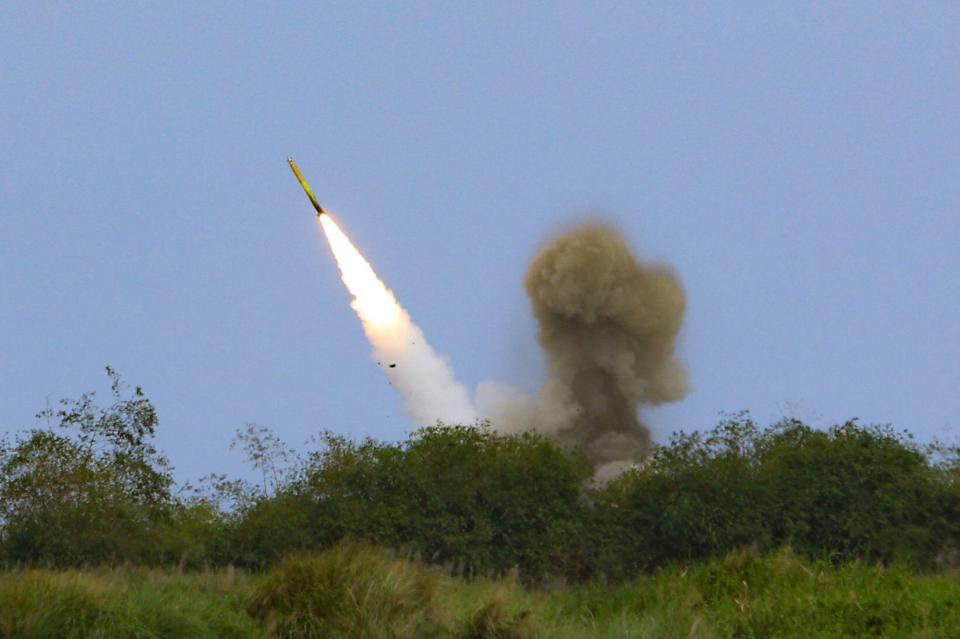 A missile is launched by a HIMARS light multiple rocket launcher