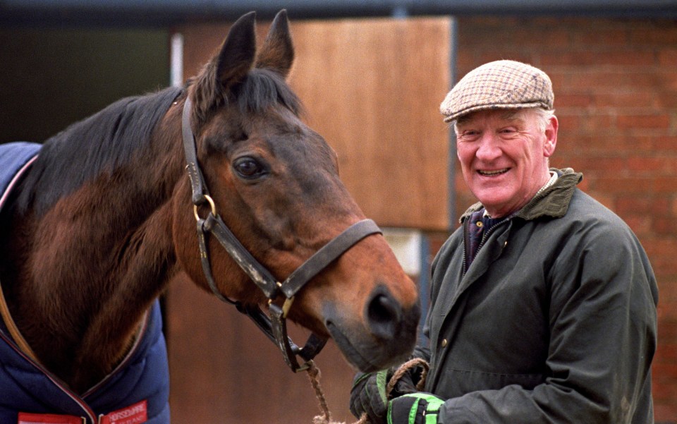 Red Rum, here with the late, great Ginger McCain, carried those maroon and gold colours to victory in three Grand Nationals