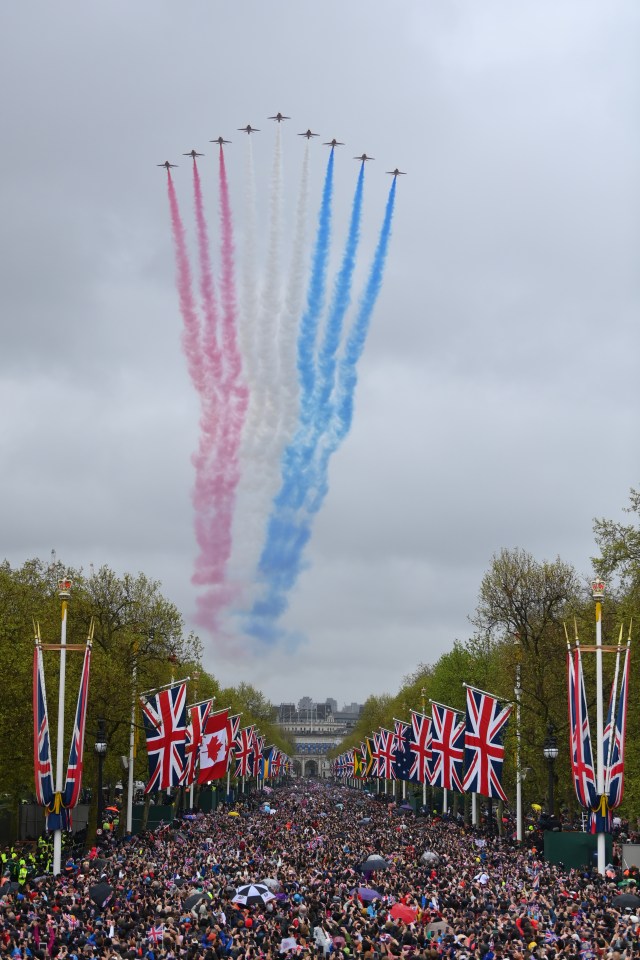 The Red Arrows flew over The Mall during the King's coronation
