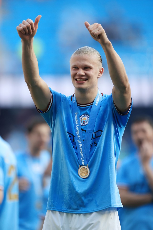 MANCHESTER, ENGLAND - MAY 21: Erling Haaland of Manchester City gives the thumbs up as he celebrates with his medal after the Premier League match between Manchester City and Chelsea FC at Etihad Stadium on May 21, 2023 in Manchester, England. (Photo by Simon Stacpoole/Offside/Offside via Getty Images)