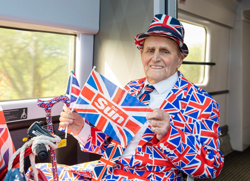 Terry Hutt, 88, on the train to London from Weston-Super-Mare. Royal super-fan Terry was at the last coronation and was unable to get to the Coronation of King Charles the III until The Sun stepped in and organised and paid for his trip so he is able to attend the momentous occasion. 5 May 2023