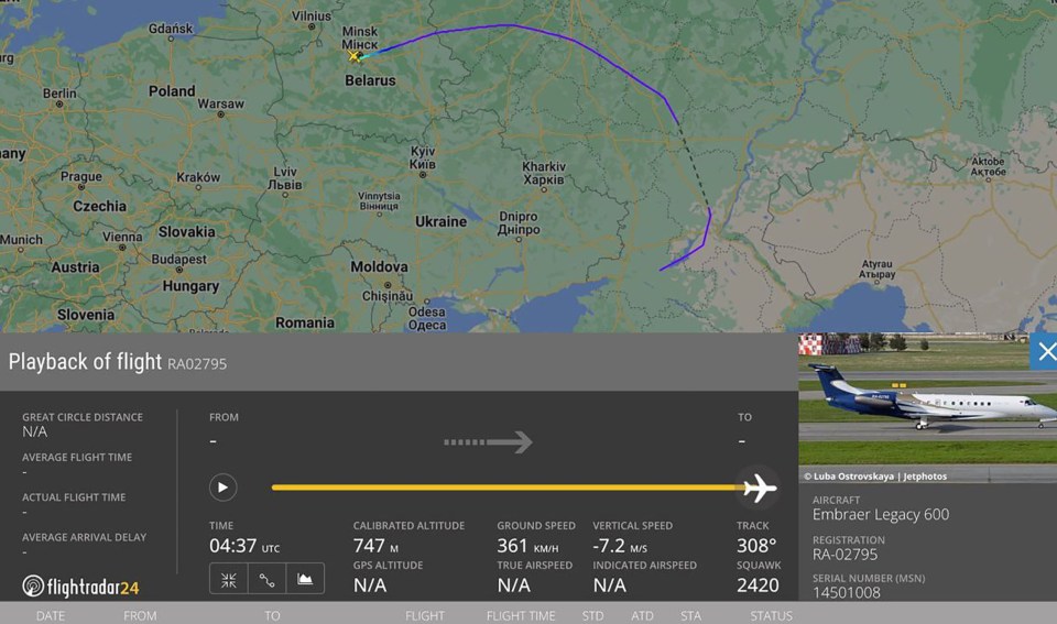 An Embraer Legacy 600 arrived from the Rostov-on-Don region in southern Russia at 7.40am local time