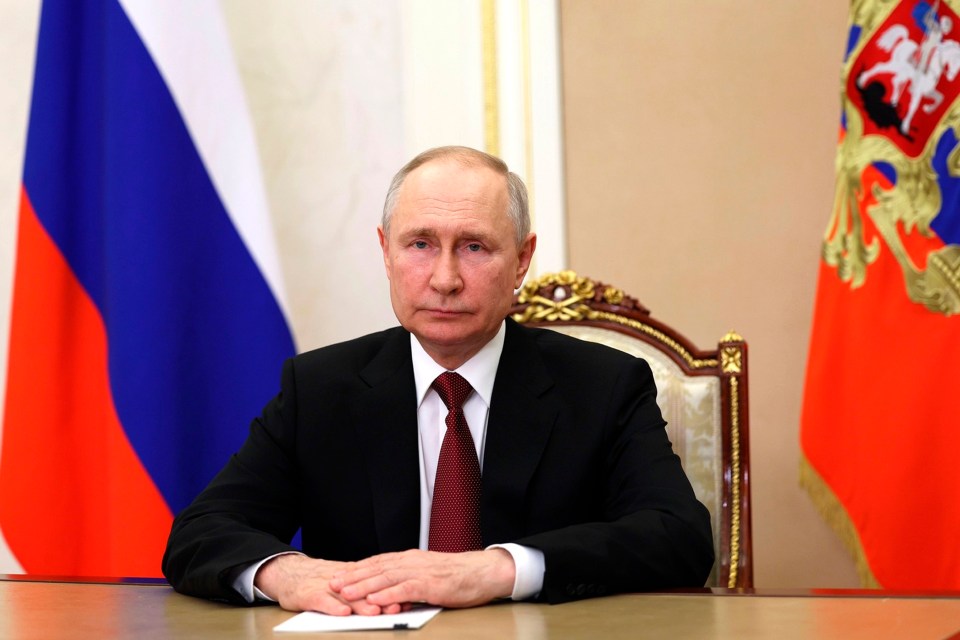 In this handout photo released by Russian Presidential Press Service on Monday, June 26, 2023, Russian President Vladimir Putin Video address to the participants and guests of the 11th International Youth Industrial Forum "Engineers of the Future 2023" n Moscow, Russia, (Russian Presidential Press Service via AP)