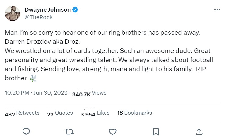 Dwayne 'The Rock' Johnson paid tribute to Darren Drozdov on social media