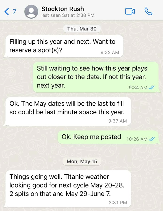 Texts show Mr Rush speaking to Mr Bloom about a dive in May - which was postponed to June 18