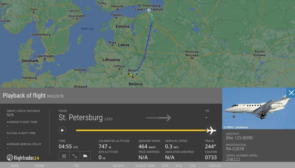 A BAE 125-800B flew in from Prigozhin’s home city of St Petersburg at 7.58am