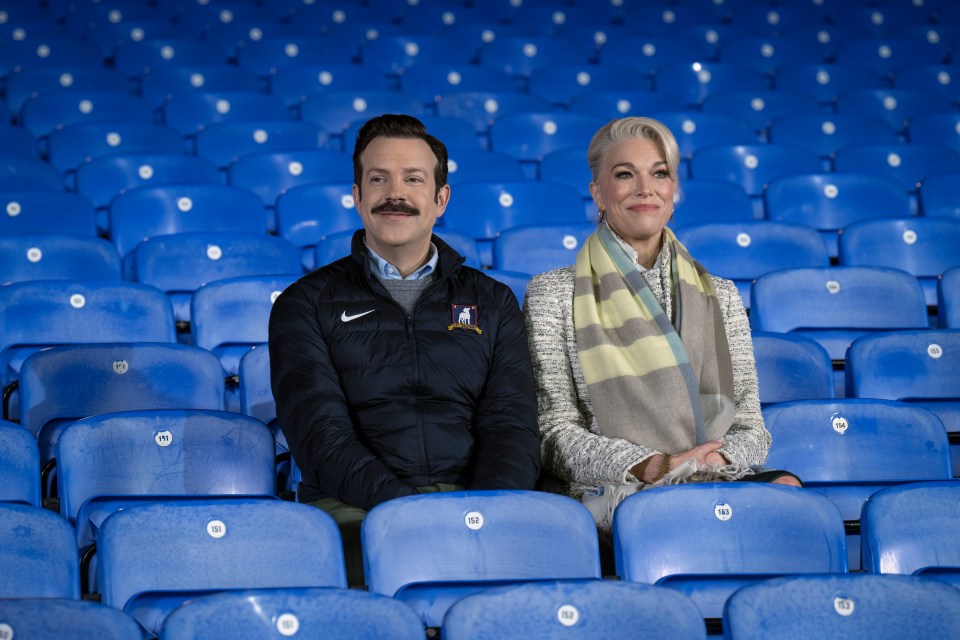 Jason Sudeikis, left, and Hannah Waddingham in a scene from the season three finale of Ted Lasso.
