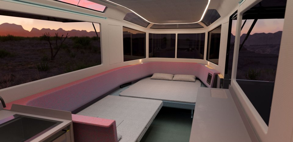 The convertible lounge space doubles as two huge beds