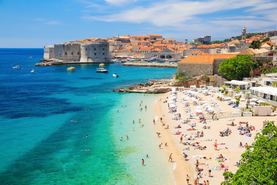 a beach with a city in the background and boats in the water