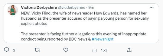 Victoria Derbyshire tweeted that Huw's wife had made a statement