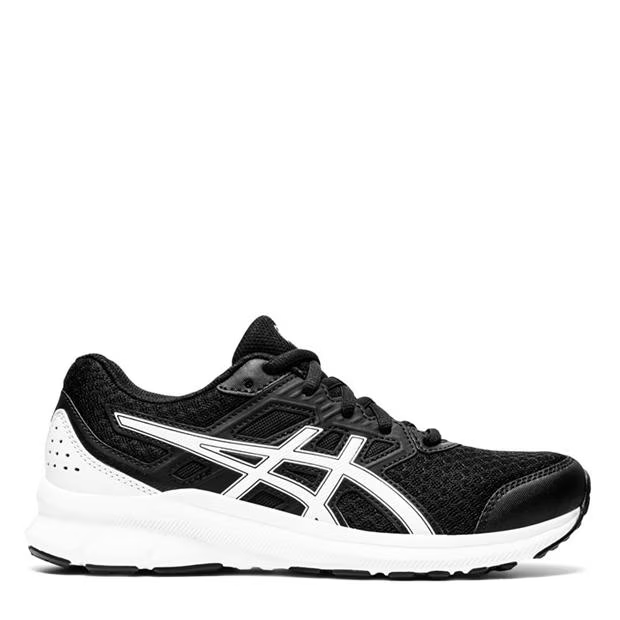 Asics Jolt 3 running shoes, side view, in black and white colorway.