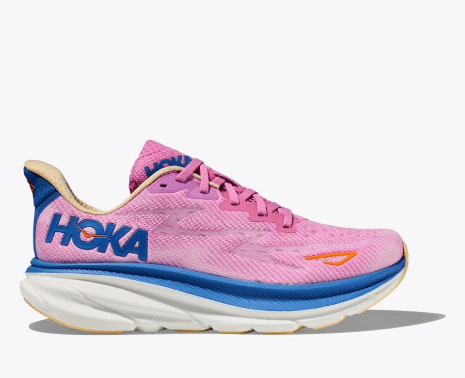 A hoka shoe with a bright yellow and black sole, and a black upper with a white stripe in the middle.