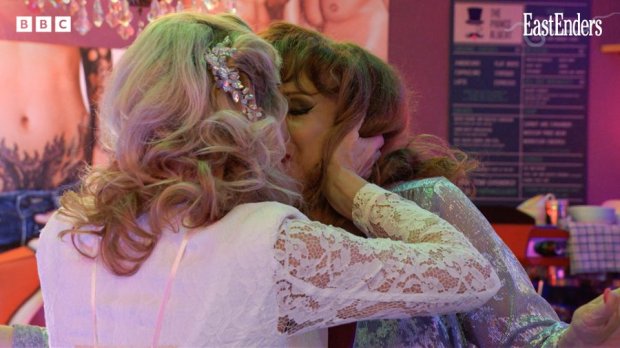 Kathy Beale enjoyed a snog with Elaine Peacock in EastEnders
