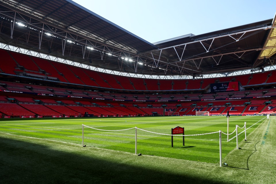 LONDON, ENGLAND - MAY 14: A general view of the inside of the stadium prior to the Vitality Women's FA Cup Final between Chelsea FC and Manchester United at Wembley Stadium on May 14, 2023 in London, England. (Photo by Clive Rose/Getty Images)