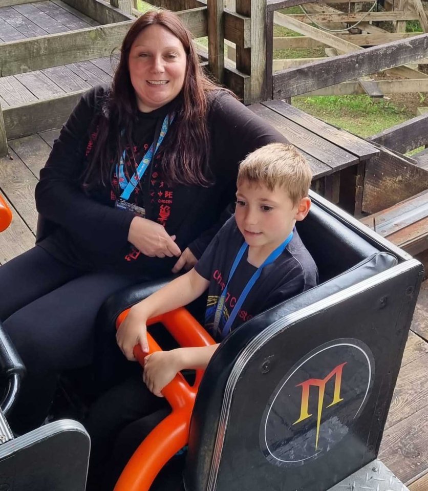 ..Six-year-old Jaxson Fraser broke a record for riding on the Megafobia ride at Oakwood 109 times in one day on Saturday...Pictures shows Jaxon with mum Naomi on the ride .