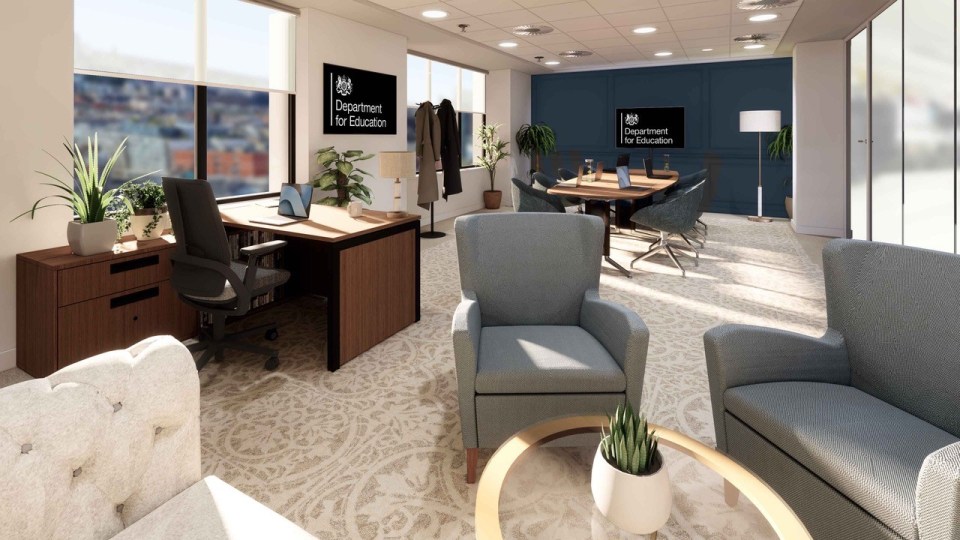 The Department for Education has appointed Willmott Dixon Interiors to undertake a multi-million pound refurbishment of its London offices.....CGI of the refurbished office space