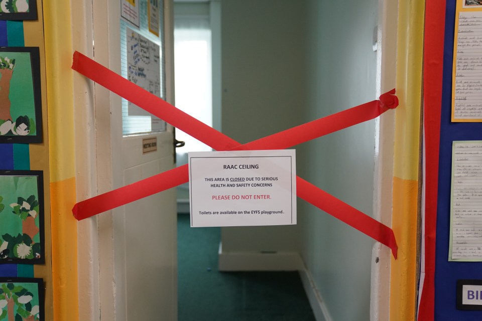 A taped off section inside Parks Primary School in Leicester which has been affected with sub standard reinforced autoclaved aerated concrete (Raac). More than 100 schools, nurseries and colleges in England have been told by the Government to close classrooms and other buildings that contain an aerated concrete that is prone to collapse. Picture date: Friday September 1, 2023. PA Photo. A "minority" of the state facilities will need to "either fully or partially relocate" to alternative accommodation while safety measures are installed, the Department for Education (DfE) has said. See PA story EDUCATION Schools. Photo credit should read: Jacob King/PA Wire
