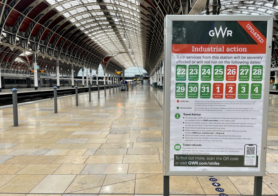 EMBARGOED TO 0001 FRIDAY SEPTEMBER 22 File photo dated 01/09/23 of empty platforms at Paddington train station in London, during a strike by members of the Aslef union. MPs have set the Government a series of tests over its controversial new law on minimum levels of service during rail strikes. PA Photo. Issue date: Friday September 22, 2023. See PA story INDUSTRY Strikes. Photo credit should read: Jonathan Brady/PA Wire