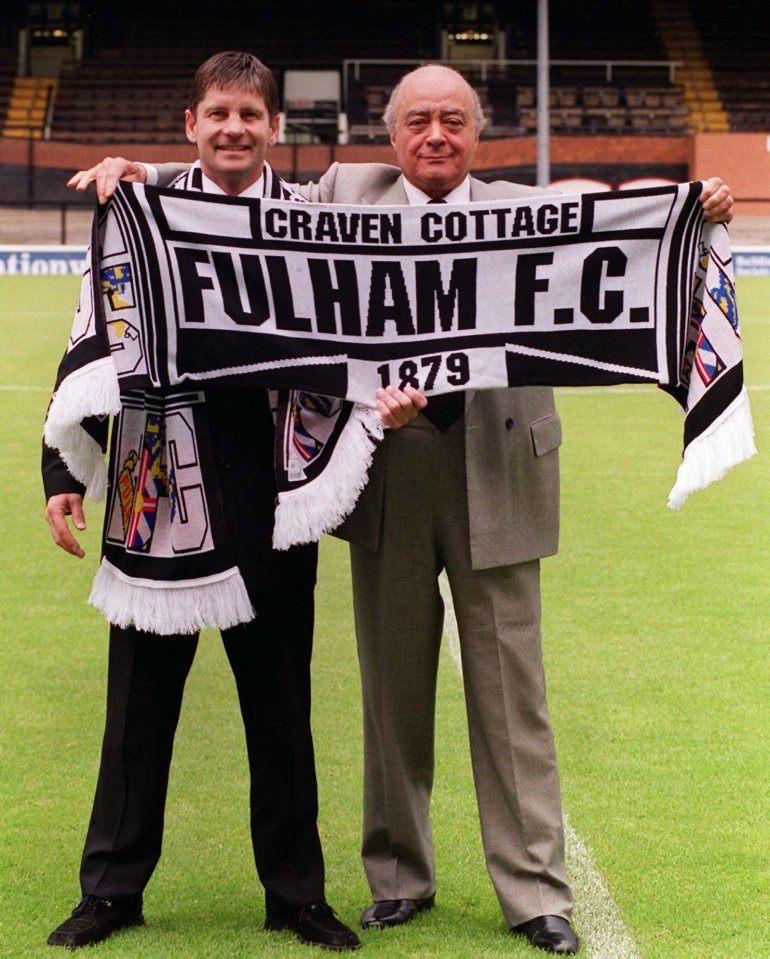 Al-Fayed, pictured with manager Paul Bracewell, bought struggling Fulham FC, saving the club from bankruptcy