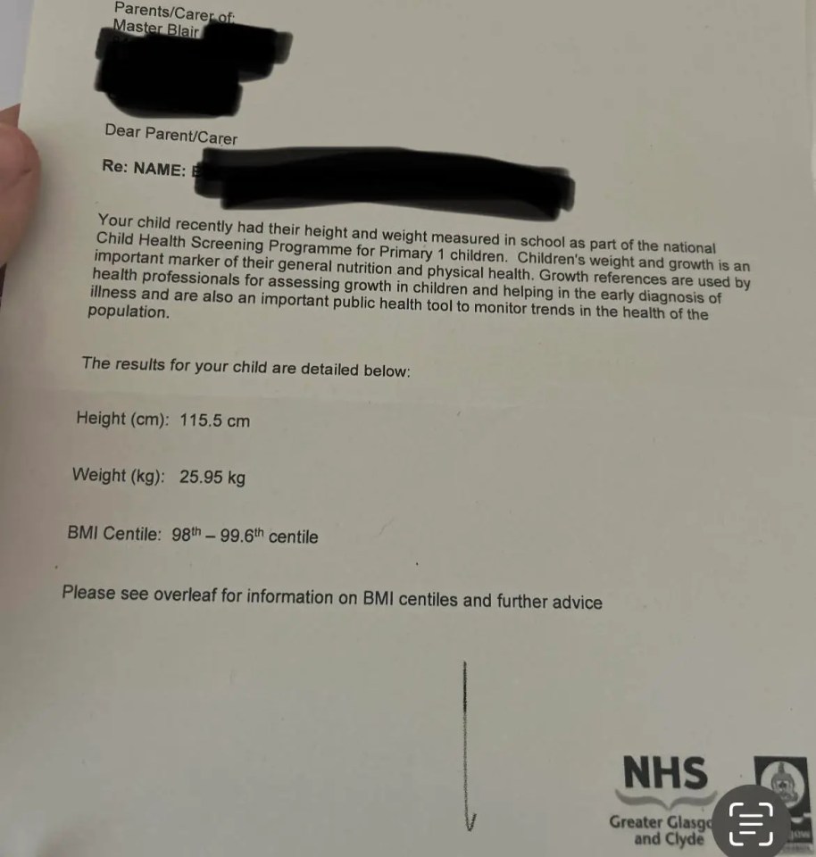 A FUMING mum told how her son, five, was fat-shamed by the NHS after receiving a letter telling her he was OBESE., , Horrified Cheryl Campbell Beattie, from Glasgow, received the letter about young son Blair, five, from the NHS at the end of the last academic year. , , The then-reception pupil was deemed […]