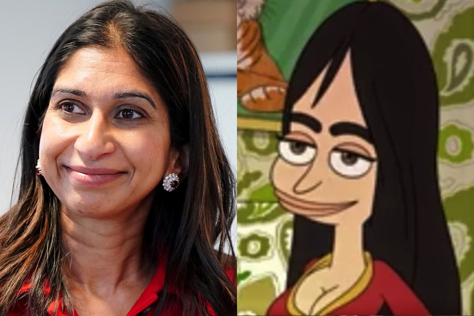 Kitty from Big Mouth and Suella Braverman, left