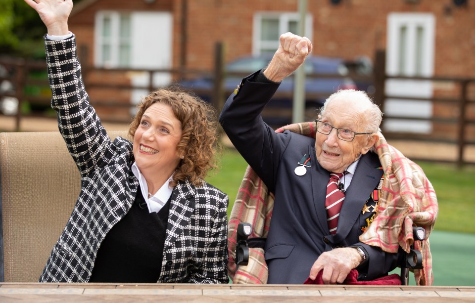 Captain Tom and his daughter Hannah celebrate his 100th birthday with an RAF flypast in April 2020