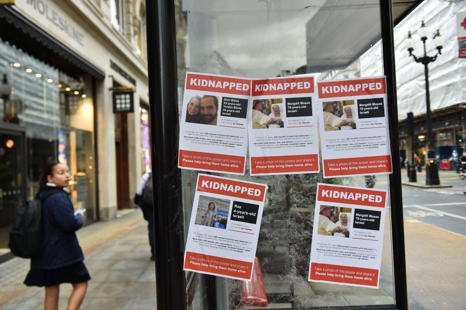 Alamy Live News. 2T1CY59 London, England, UK. 13th Oct, 2023. Posters with images of kidnapped and missing Israelis on Regents Street, near the BBC headquarters in London. (Credit Image: ¿ Thomas Krych/ZUMA Press Wire) EDITORIAL USAGE ONLY! Not for Commercial USAGE! This is an Alamy Live News image and may not be part of your current Alamy deal . If you are unsure, please contact our sales team to check.