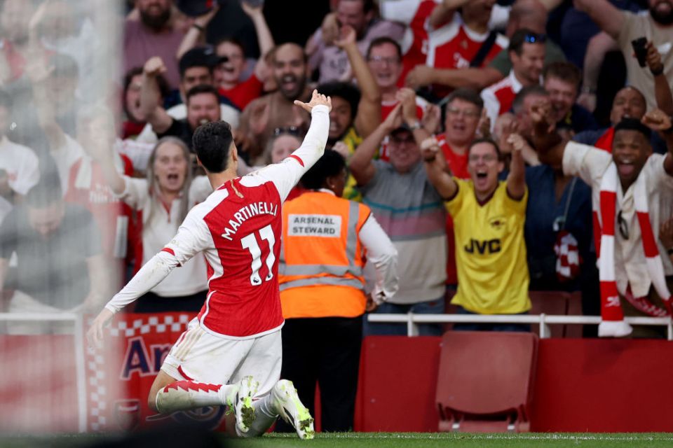LONDON, ENGLAND - OCTOBER 08: Gabriel Martinelli of Arsenal celebrates after scoring their sides first goal during the Premier League match between Arsenal FC and Manchester City at Emirates Stadium on October 08, 2023 in London, England. (Photo by Ryan Pierse/Getty Images)