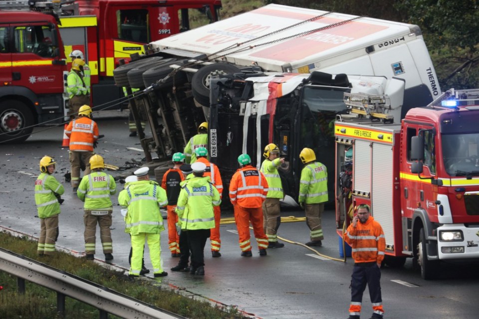 A lorry has overturned in a serious crash on the M4 northwest of Chippenham, this morning, October 20, 2023. Emergency services were called to the road traffic collision on the eastbound carriageway between junctions 18 (Bath) and 17 (Chippenham) at around 9.30am.