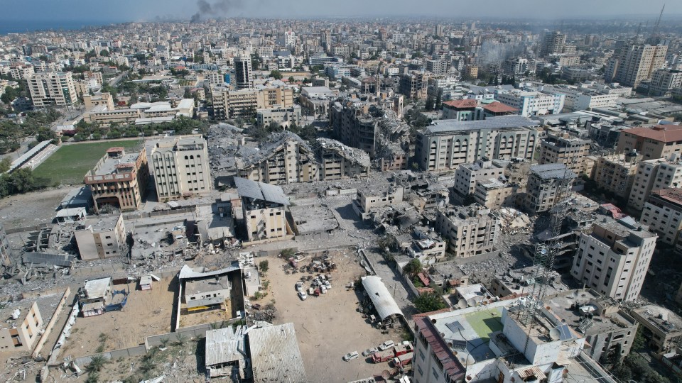 An aerial view of destroyed buildings following the Israeli airstrikes in Al-Rimal neighborhood of Gaza City