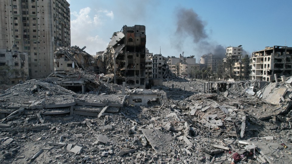 An aerial view of destroyed buildings following the Israeli airstrikes in Al-Rimal neighborhood of Gaza City